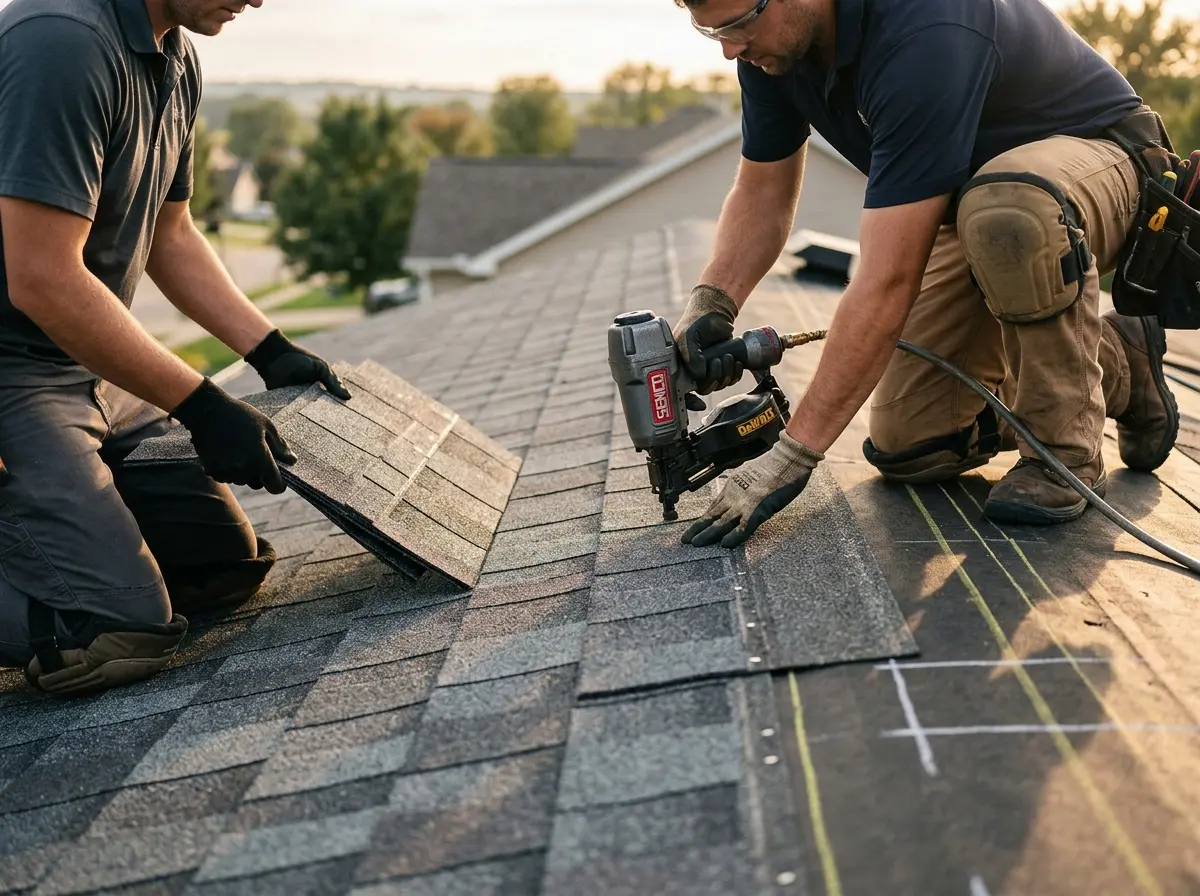 Professional roofer working on a residential roof in Mount Airy